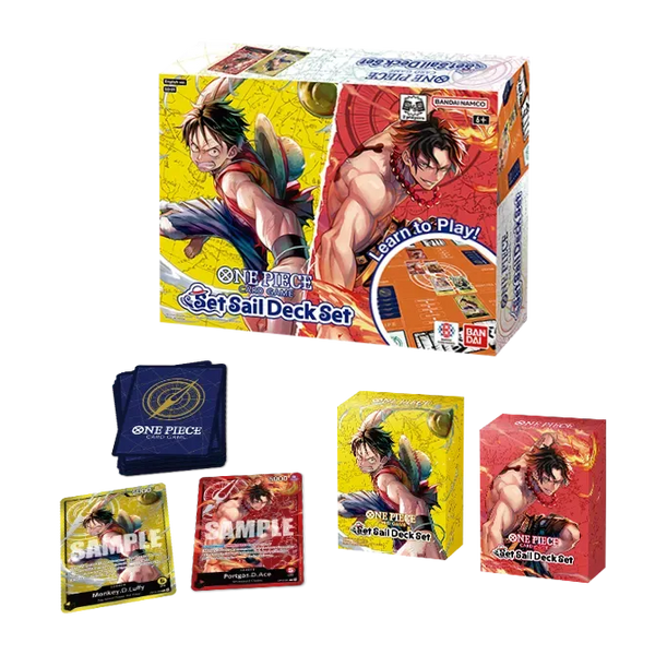 Contenido del One Piece Card Game Set Sail Deck Set SD-01 con mazos, cartas, DON y Deck Cases