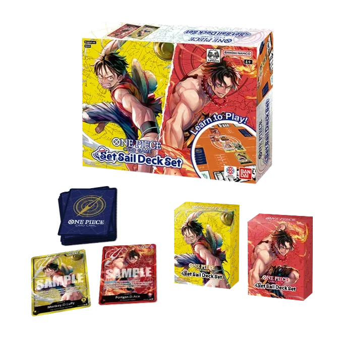 Contenido del One Piece Card Game Set Sail Deck Set SD-01 con mazos, cartas, DON y Deck Cases