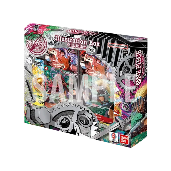 Illustration Box IB-08 Kid $ Killer de One Piece Card Game con 2 cartas promocionales, 2 sobres de OP-15 y 2 sobres de OP-16.