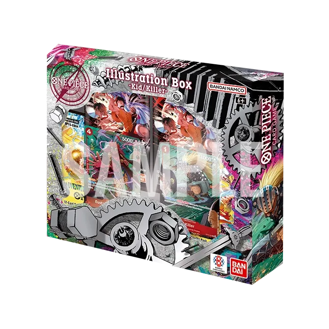 Illustration Box IB-08 Kid $ Killer de One Piece Card Game con 2 cartas promocionales, 2 sobres de OP-15 y 2 sobres de OP-16.
